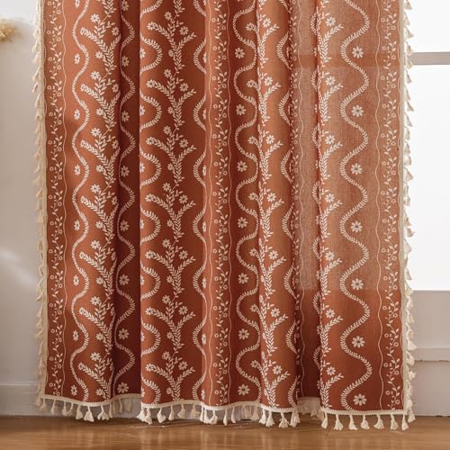 Image of Rust Curtains Boho Kitchen Curtains 45 inch Length 2 Panels,Linen Blend Wide Short Cafe Window Drapes,Rod Pocket Floral Patterned Vintage Tassel Bedroom Curtains,Burnt Orange