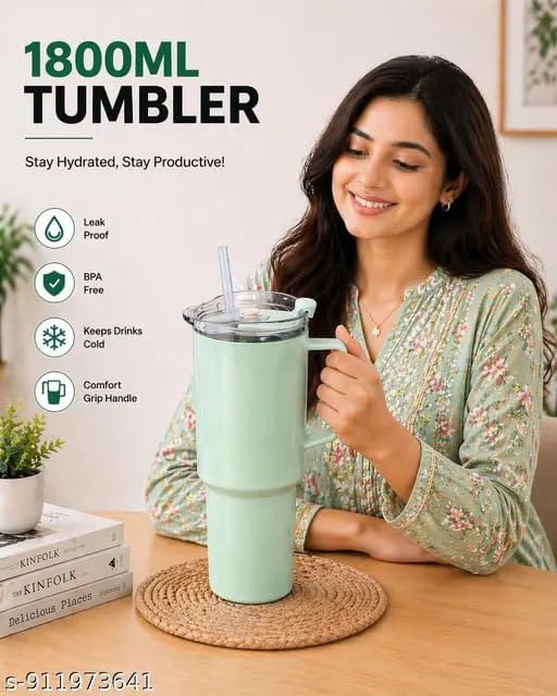Image of 1800ML Large Capacity Plastic Tumbler with Handle & Straw | BPA Free Reusable Water Cup | Leakproof Lid | Travel Mug for Hot & Cold Drinks | Office, Gym (Multicolor)