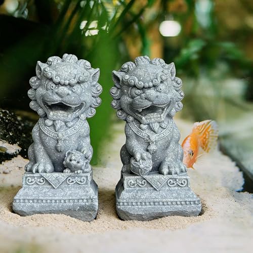 Image of livelyfish Asian Fu Foo Dogs Statues Mini Pair of Two Guardian Lion Sandstone Figurine Pets Fish Tank Aquarium Landscape Ornaments Accessories Feng Shui Decorations (G)