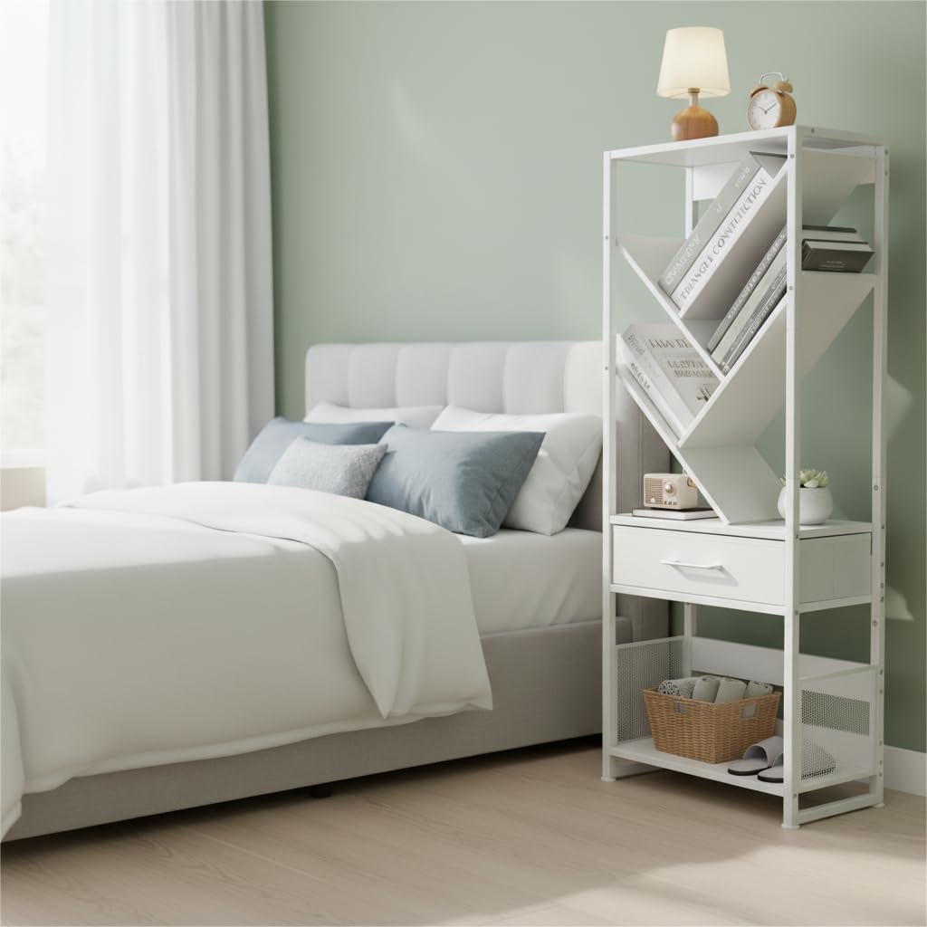 Bookshelf with Drawer,8 Tier Tree Bookcase Retro Floor Standing Bookshelves,Tall Wood Bookcases with Cabinet Storage Organizer for Living Room, Bedroom & Home Office, White