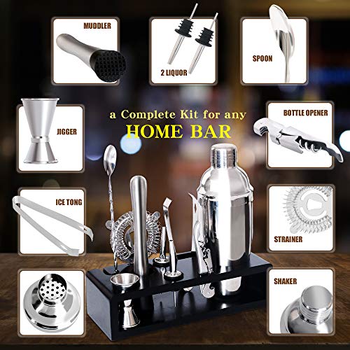 PentaQ Cocktail Shaker Set Bartender Kit with Wooden Stand 10 Pieces Stainless Steel Bar Set for Drink Mixing Bartending Tools for Home Bars, Parties and Drink Making