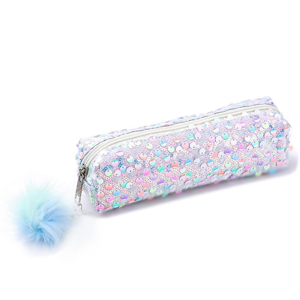 DUORUIMI Pencil Case Pen Bag Holder Large Capacity with Glitters Sequins Office Organizer Storage for Students Girls (White)
