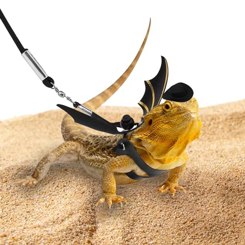 Image of 7 Pieces Bearded Dragon Tank Accessories,Bearded Dragon Leashes and Harnesses Set,S /M /L 3 Size Pack Leather Wing Lizard Harness with Removable Lizard Leash for Amphibians and Other Small Pet Animals