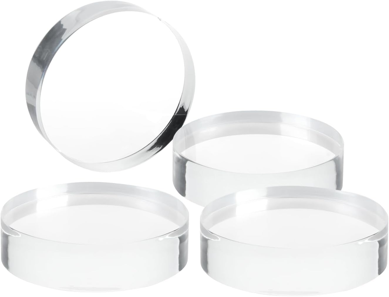 4Pcs Acrylic Round Display Blocks, Clear Acrylic Edge Polished Pedestal Display Base, 4x4x1Inch