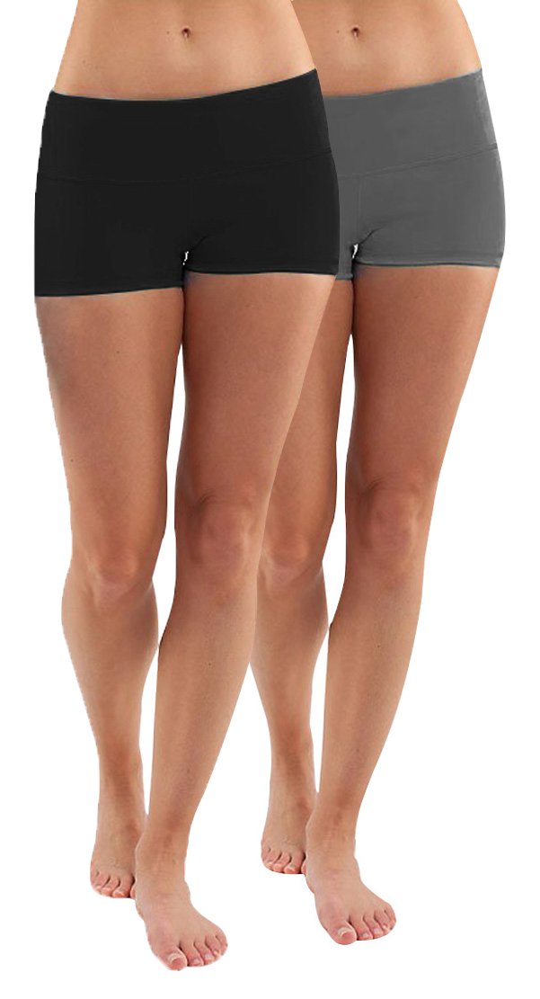 3” Yoga Lounge Shorts for Women, 2Pack, High Waisted, Premium Combed Cotton Blend Breathable, Beat Summer Heat, Squat Proof, 4Way Stretch, Soft Touch Feel Shorts for Summer Size M Black+Grey