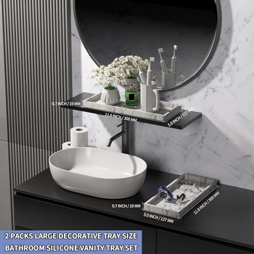 Image of BBK Bathroom Vanity Tray 11.8 in- 2 Pack(Large) Silicone Bathroom Tray for Counter, Perfume Key Trinket Ring Tray, Decor Soap Dispenser Countertop Tray for Kitchen Sink Organization(Faux Marble Look)