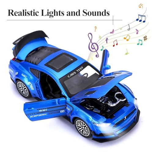 Image of WORSHIPER 1:32 Mustang GT500 Toy Car Metal Pull Back Diecast Car with Openable Door and Sound Light, Gifts Toys for Kids (1:32 Mustang GT500 - Blue)