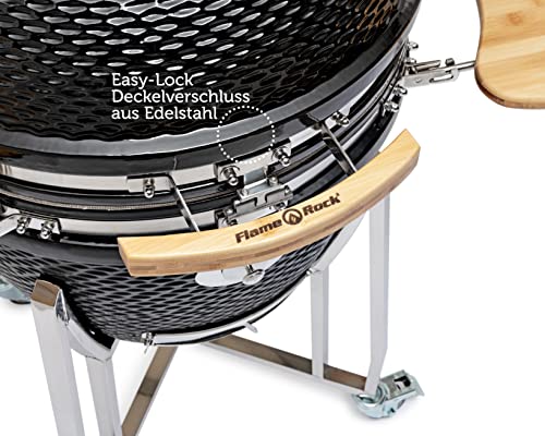 Foto von FLAME ROCK Keramikgrill Kamado Grill 24 B Pro - Holzkohlegrill mit Bambusablage, Deckelthermometer, starke Hitze-Isolierung, Fiberglas-Dichtung, schwarz, 24
