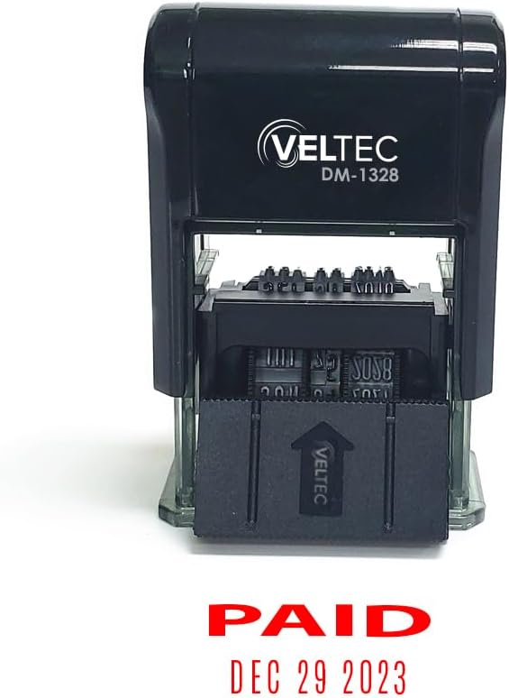 Miniatura 6 de Veltec Sello de fecha de goma autoentintado con frase y fecha (rojo, pagado)