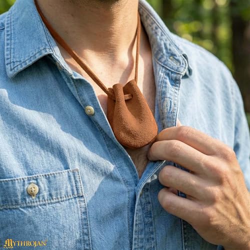 Image of Mythrojan Pack of 2 Small Trinket Pouches Suede Leather Drawstring Coin & Dice Bags for LARP, SCA, Viking & Medieval Events, Color : Brown