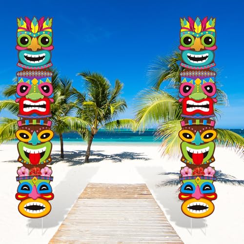 Memorywuu 8 Pcs Tiki Yard Signs Hawaiian Luau Decoration Outdoor Tiki Totem Bar Signs with Stakes LED Large Aloha Tropical Themed Party Supplies Lawn Garden Beach Sand Decorations for Summer