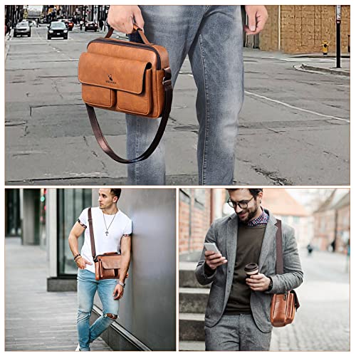 Upgraded Classic 11.4" Pu Leather Messenger Bag, Anti-Theft Sling Shoulder Bag For Men Women, Crossbody Satchel Bag, Unisex Office Bag For Business, Work, Travel (Light Brown) #TOP5