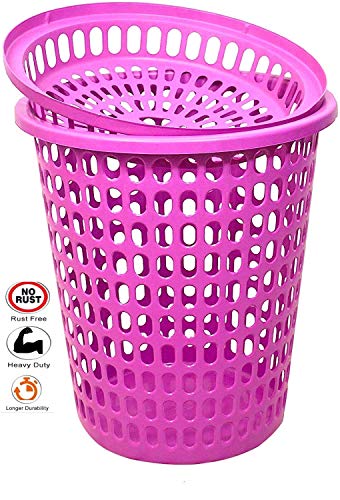 Image of Plastic Laundry Basket With Lid Big Size For Clothes 50 Litre Hamper Bag Dress Storage Toys Organiser Cover Combo With Cap Heavy Duty Round Shape (1 Pcs, Pink)