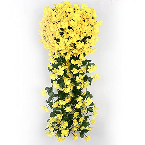HAOSHICS 2 flores artificiales, plantas artificiales de vid colgantes de violeta, guirnalda colgante de seda, flores de vid para el hogar, pared, jardín, boda, fiesta, decoración (amarillo) Cover