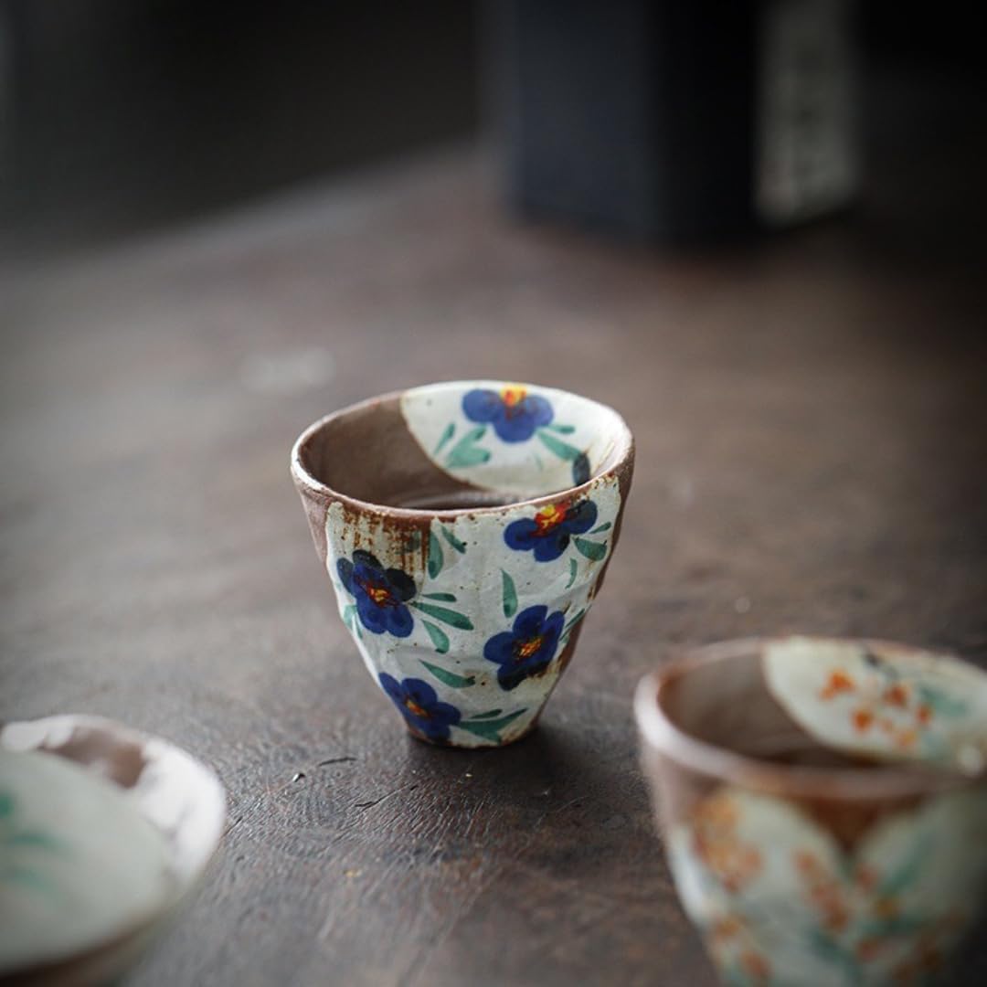 Hand-Painted Rustic Wabi-Sabi Clay Tea Cup, Vintage Japanese Kung Fu Tea Cup, Wood-fired Pottery for Gongfu Tea Ceremony (Bluebells)