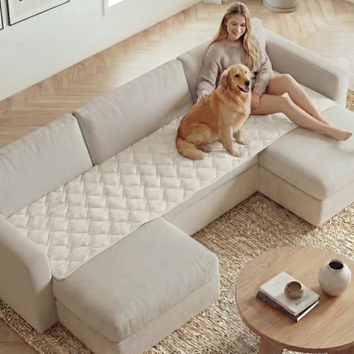 H.VERSAILTEX Chenille Couch Cover for Dogs Washable Soft Fuzzy Sofa Covers for 3 Cushion Couch Sectional Sofa Cover Thick Pet Couch Cover Protector Non-Slip Dog Bed Cover(Ivory, 28" x 102")