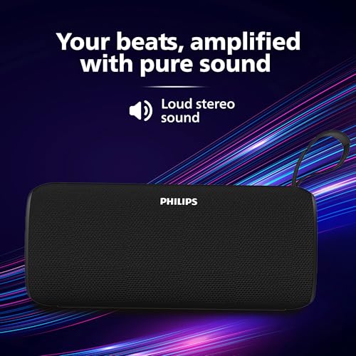 Image of PHILIPS Audio TAS2400BK Portable Bluetooth Speaker with Stereo Sound, 32W RMS, 2400mAh Rechargeable Battery, BT v5.3 Connectivity, IPX4 Waterproof, Supports TF /USB /BT Modes with Hanging Strap (Black)