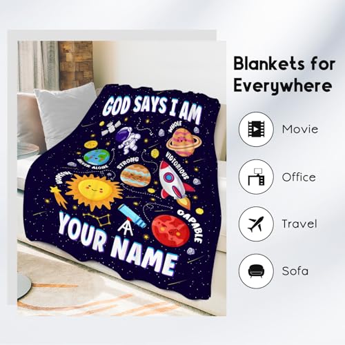 Custom Planet Blanket, Cozy Soft Throw Gifts for Boys, 40x50 Inch Cute Flannel Blanket for Planet Lovers, God Says I Am Throw Blankets for Couch Sofa