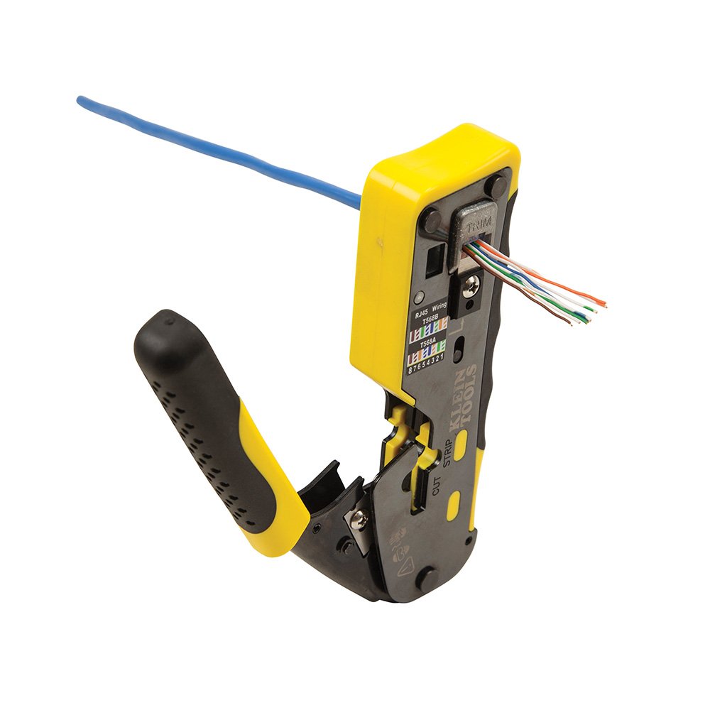 Klein Tools VDV226-110 | Pinza Crimpadora De Trinquete Pass Thru | Corta Pela Y Crimpa Cables Datos | RJ11 RJ12 RJ45 | Construccion De Acero Duradera