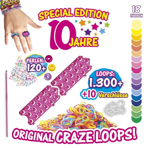 CRAZE loops Rainbow Studio - Loom Bänder XXL Set mit 1300+ Gummibänder und viel Zubehör - Kinder Bastelset - Halsketten, Ringe und Armbänder selber machen, Regenbogen