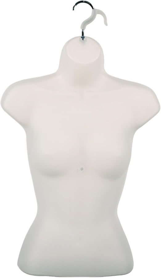 SSWBasics Female Shatterproof Molded Frosted Shirt Form with Hook - Fits Women’s Sizes 5-10 - Hanging Fashion Form Mannequin to Display Clothing and Accessories
