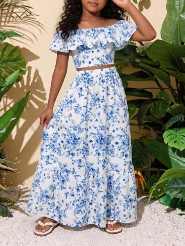 Image of BEAUDRM Girl's Summer Outfits Tropical Summer Dress Hawaiian Off Shoulder Tops and Ruffle Skirt Set Vacation Beach Clothes