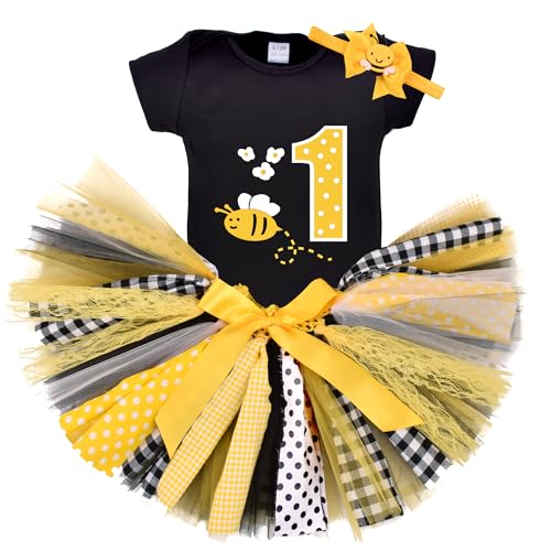 Purtulle Baby Girls Bumble Bee Tutu Birthday Outfit 1st Cake Smash Halloween Dress Up Costume (Black, 9-12mths)