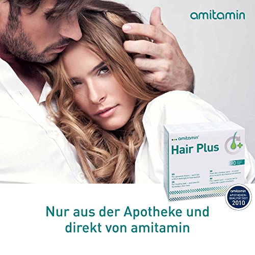 amitamin© Hair Plus Haar Vitamine | 180 Komplex Kapseln 3 Monate hochdosiert | Zink, Kupfer, Biotin, Selen, Folsäure plus 16 wichtige Nährstoffe | auch gegen erblichen Haarausfall | vegan |