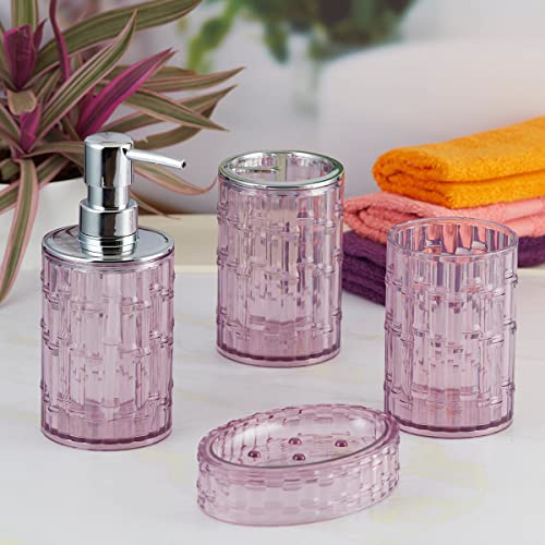 Image of Kookee Acrylic Bathroom Set - Stylish 4 Piece Bath Accessories Kit with Soap Dispenser, Toothbrush Holder, Tumbler & Soap Dish - Modern & Designer Decor for Home & Guest Bathrooms (10048)