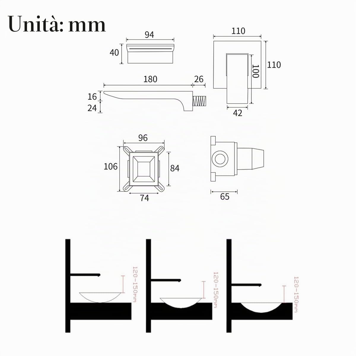 Rubinetto Bagno Miscelatore Lavabo Rubinetti per Lavabo A Cascata Miscelatore per Vasca da Bagno Rubinetto per Vasca Miscelatore Monocomando per Lavabo A Parete 2 Fori Oro Spazzolato
