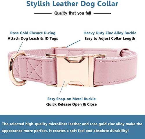 Dog Collar and Dog Leads(6.6') Set - Soft Vegan Leather with Rose Gold Metal Buckle, Adjustable 3 Lengths Leash for Small Medium Large Dogs Training & Walking(Pink;S(12.2"-16.9"))