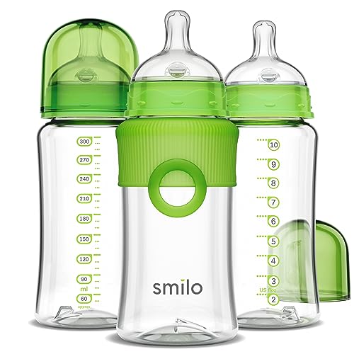 Image of Smilo Baby Bottle Set with Stage 0 Slow Flow Anti Colic Nipple, 10 Oz / 300 ml Capacity, 3X Pack of Anti Colic Baby Bottles 0-3 Months - Green