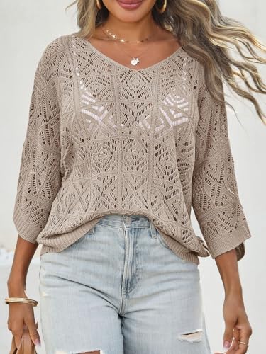 Saodimallsu Womens Crochet Cover Up Top Summer 3/4 Sleeve Off Shoulder Sweater Shirts Mesh Boho Beach Swimsuit Coverup4