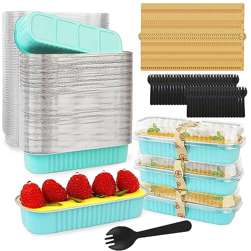 Juego de 200 mini moldes para pan con tapas, cucharas y calcomanías, moldes de aluminio de 200 ml, mini moldes de aluminio antiadherentes, contenedores de pan reutilizables para hornear pasteles para