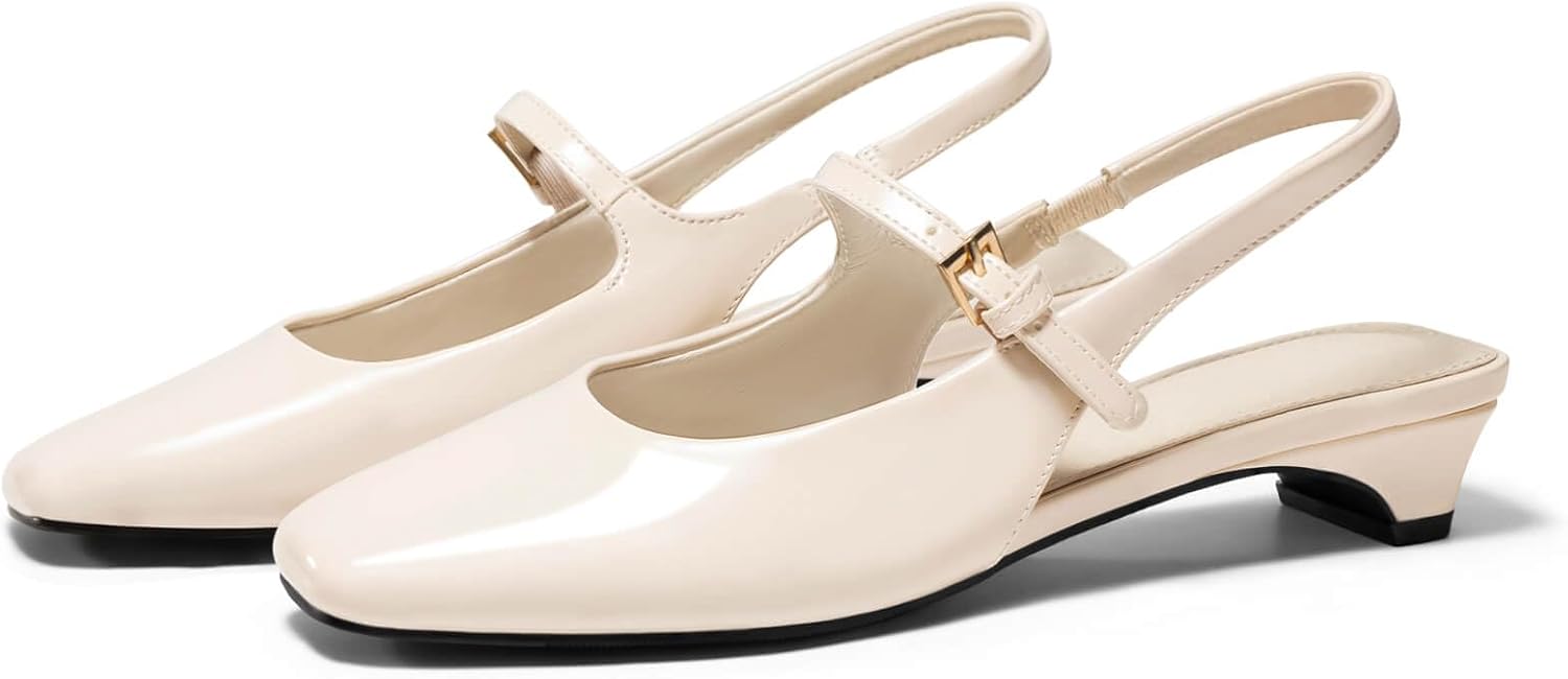 Coutgo Womens Mary Jane Chunky Low Heels Slingback Ballet Flats Closed Square Toe Wedding Dress Shoes - Image 5