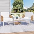 JAMFLY Outdoor Patio Furniture Set 3 Piece, Rattan Furniture Conversation Set, Small Wicker Patio Furniture Set for Porch, Backyard, Balcony with Soft Cushions and Glass Table