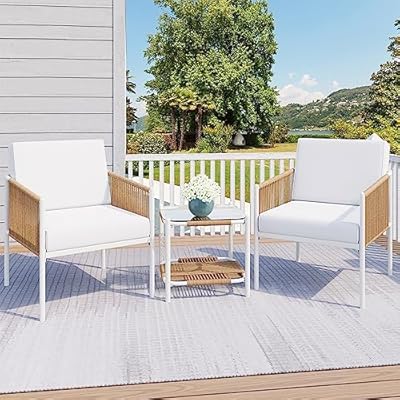 JAMFLY Outdoor Patio Furniture Set 3 Piece, Rattan Furniture Conversation Set, Small Wicker Patio Furniture Set for Porch, Backyard, Balcony with Soft Cushions and Glass Table