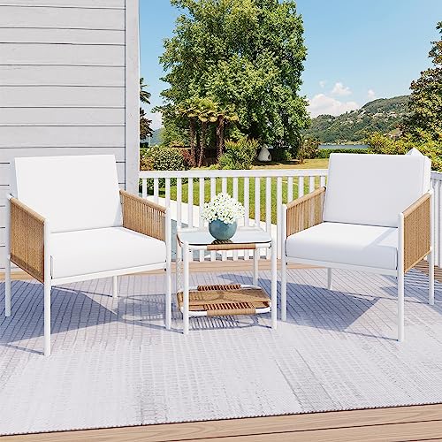 JAMFLY Juego de muebles de mimbre de 3 piezas, muebles de patio al aire libre, juego de conversación de sillas de ratán, juego de muebles para todo tipo de clima, para patio, balcón, porche con