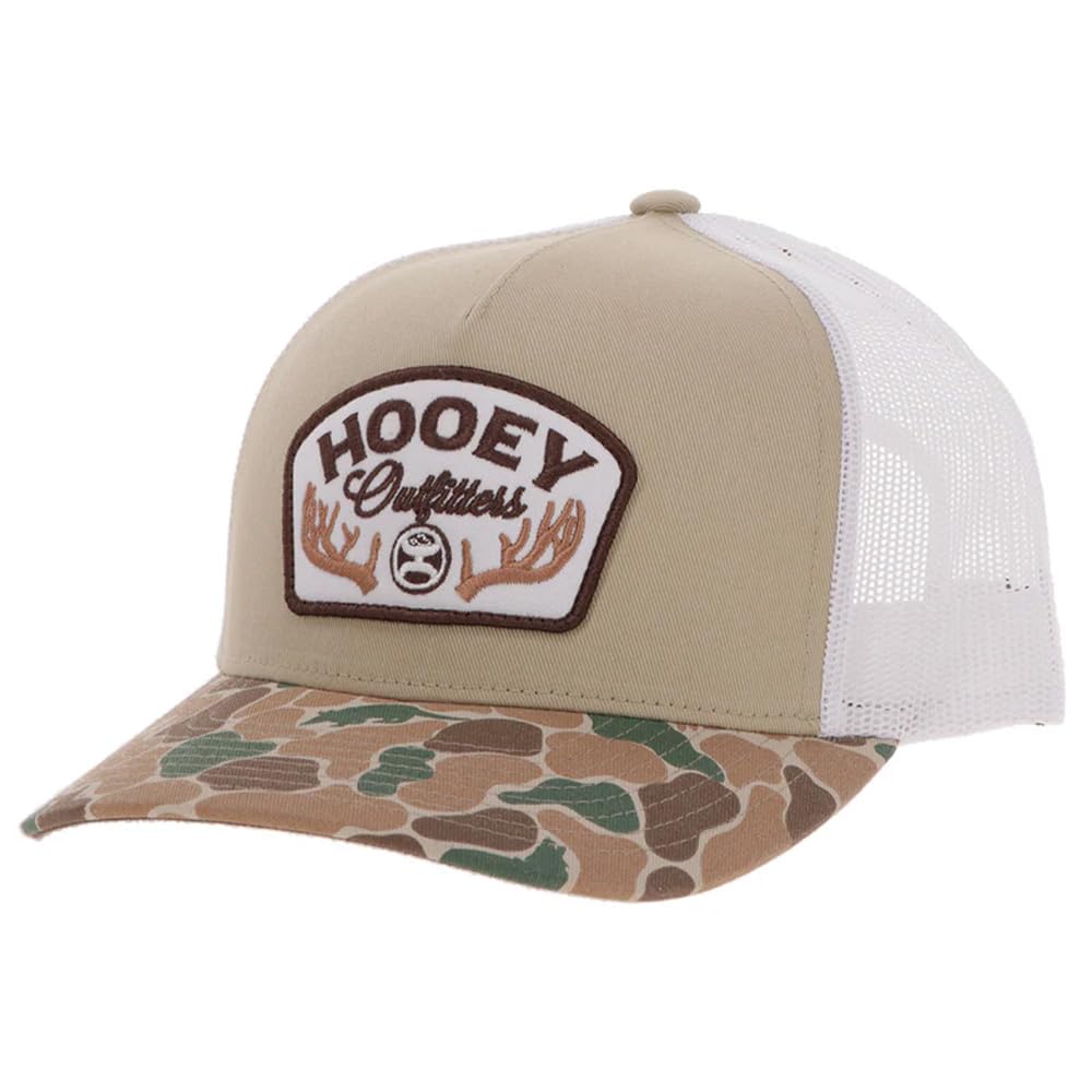 HOOEY Outfitters Critter Camo Snapback Hat - Mesh Back Trucker Cap for Men, Hunting & Fishing Hat, Duck Camo Baseball Cap, Tan/White/Camo, One size