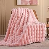 Smoofy Faux Fur Throw Blanket for Couch - Blush Pink Super Soft Cozy Bubble Blanket, Fluffy Plush Fuzzy Throw for Sofa & Bed, Thick Lightweight Warm Blanket, Luxury Aesthetic Gift for Women 50'x60'