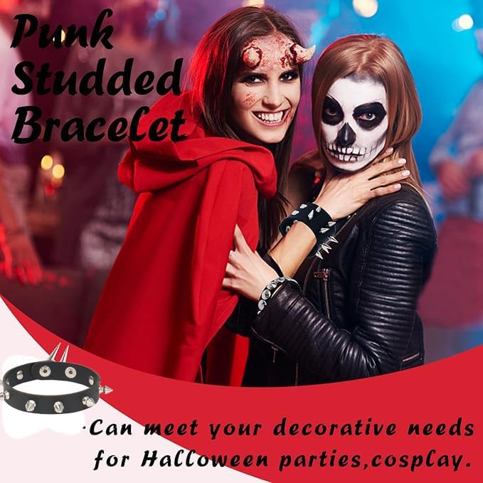 3 PCS Punk Rock Studded Bracelets Set, Leather Adjustable Spiked Studded Bracelet Cuff for Men Women, 80s Wristband for Goth Jewelry Halloween Accessories - Image 3