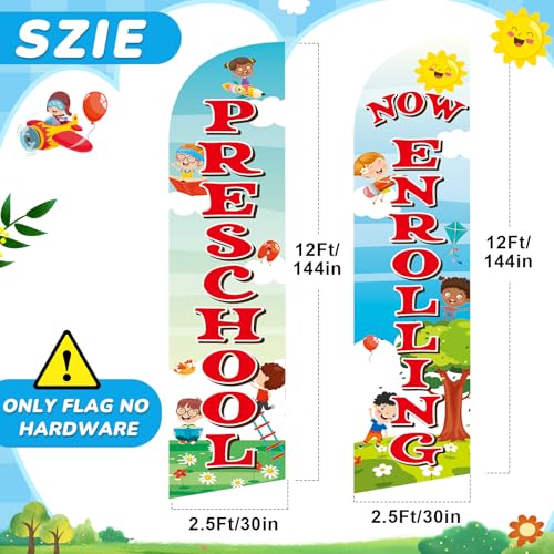 2 Pcs Now Enrolling Day Care Feather Flag 2. 5 ft x 12 ft Preschool Advertising Flags Weatherproof Polyester Now Open Banner Marketing Sign for Schools Child Care Business Advertising