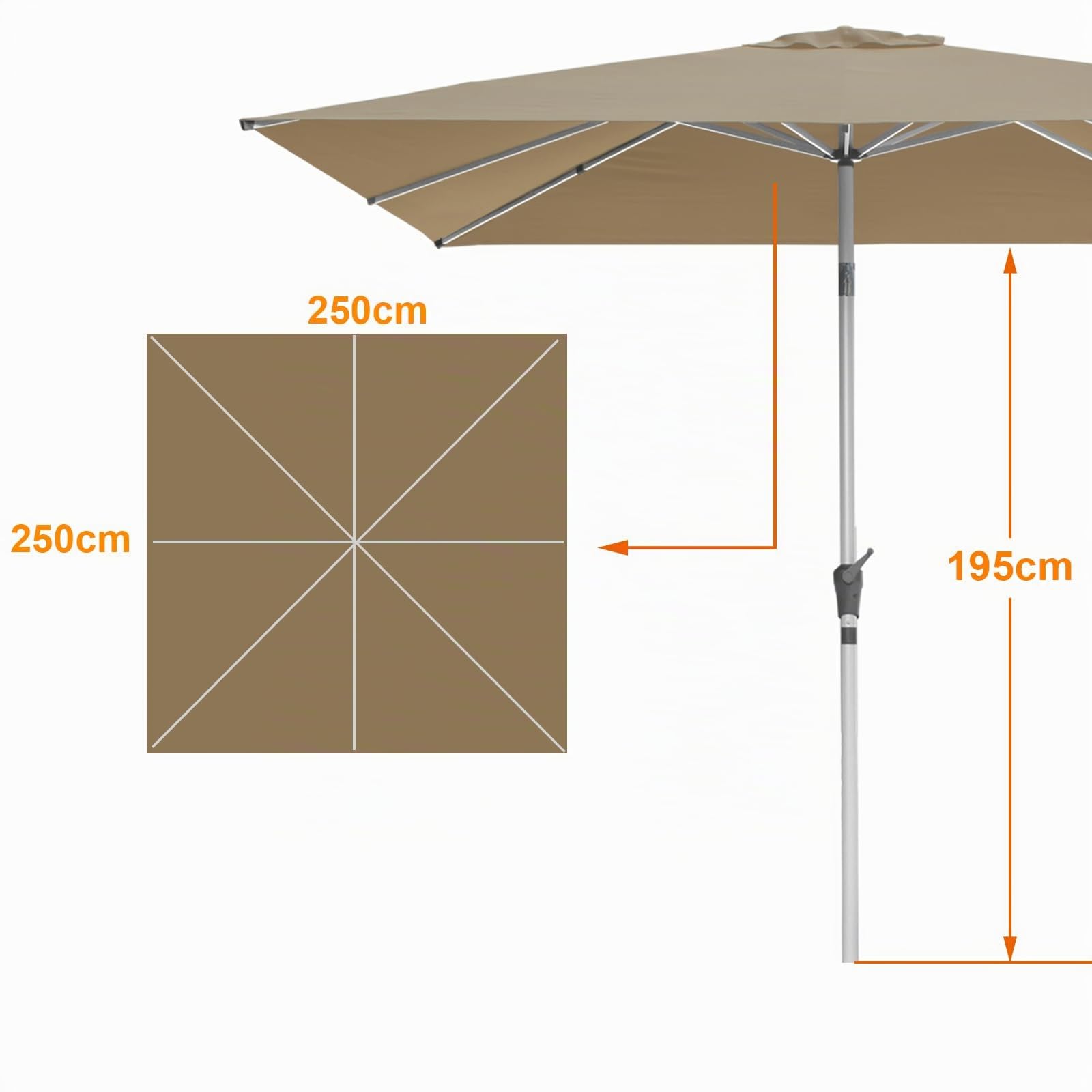 RANSENERS Parasol de Jardin 250 x 250 cm, Inclinable 30° des Deux Côtés, 8 Baleines, UV50+, pour Jardin, Terrasse, Café, Extérieur (Kaki)