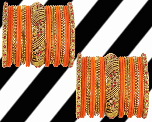 Image of NMII Metal with Zircon Gemstone and Beads Studded Ball Chain Linked Glossy Finished Velvet Bangles Chuda set for Women and Girls