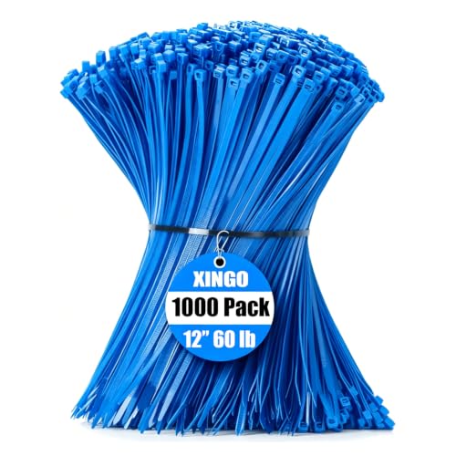 Image of XINGO 1000 PCS Blue Zip Ties 12 Inch, 60 LBS Tensile Strength, Self-Locking Nylon Plastic Nylon PA66 Wire Ties for Indoor and Outdoor Use