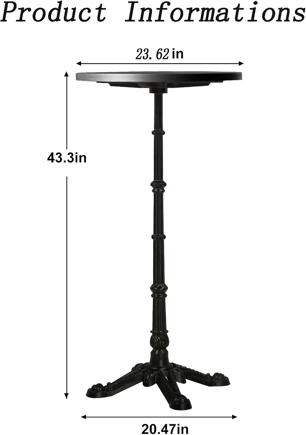 Dia 23.62" Round Cocktail Bistro High Metal bar Table with Black Top and Base 43.3"