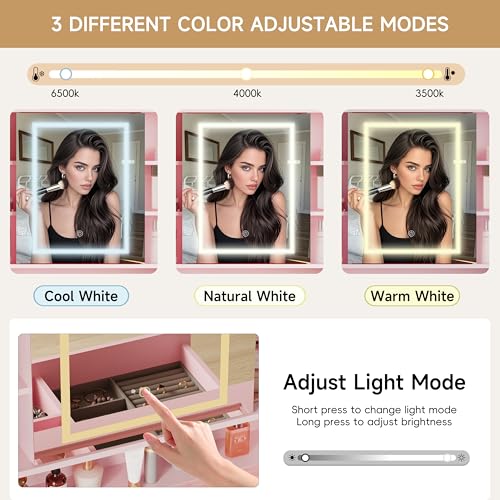 Image of HUANLEGO Vanity Desk with Mirror and Lights, Pink Vanity with Lighted Mirror and RGB Cabinet & Jewelry Organizers, Makeup Vanity Desk with Lights, Glass Top Dressing Table for Girls Bedroom