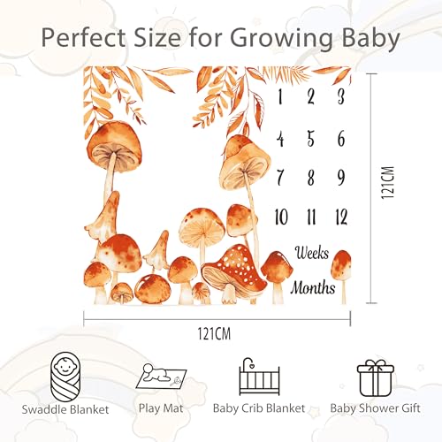 Image of Mushroom Theme Baby Monthly Milestone Blanket, Soft Flannel Watercolor Spring Tropical Eucalyptus Leaves Botanical Photography Prop Newborn Baby Shower Age Growth Tracker (Orange, 48x48in)