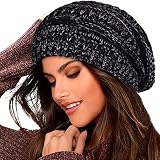 Amaeen Bonnet Femmes Hiver Chaud,Mesdames Couche Doublée Peluche Slouchy Chapeaux d'hiver;Doux Bonnet Beanie tricoté Noir, Bleu,Marine,Vin,Rose