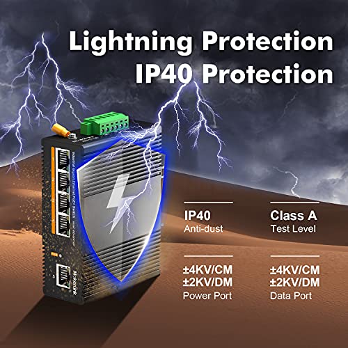 Image of MokerLink 5 Port PoE Gigabit Industrial DIN-Rail Ethernet Switch, 14Gbps Switching Capacity, IP40 Rated Network Switch (-40 to 185F), with UL Power Supply